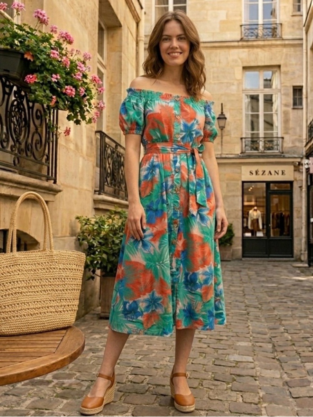 Zara Tropical Floral Off Shoulder Midi Dress S Pockets Puff Sleeve Resort Summer - Picture 2 of 16